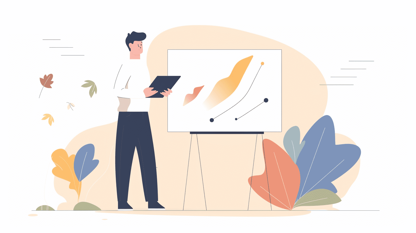 Henkilö pitää esitelmää fläppitaulun edessä